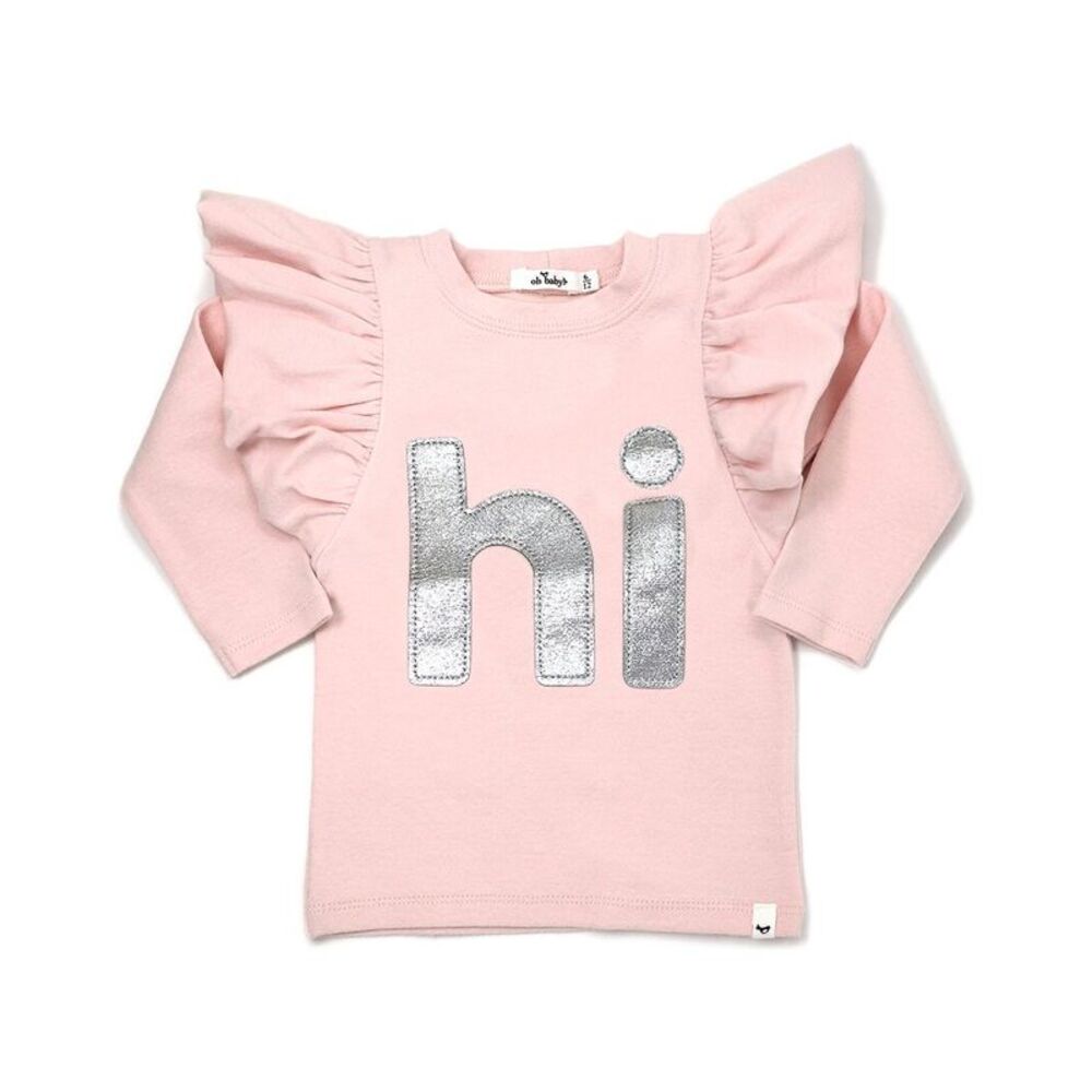 Oh Baby! Girls  "Hi" Velvet Butterfly Sleeve Tee, Pink